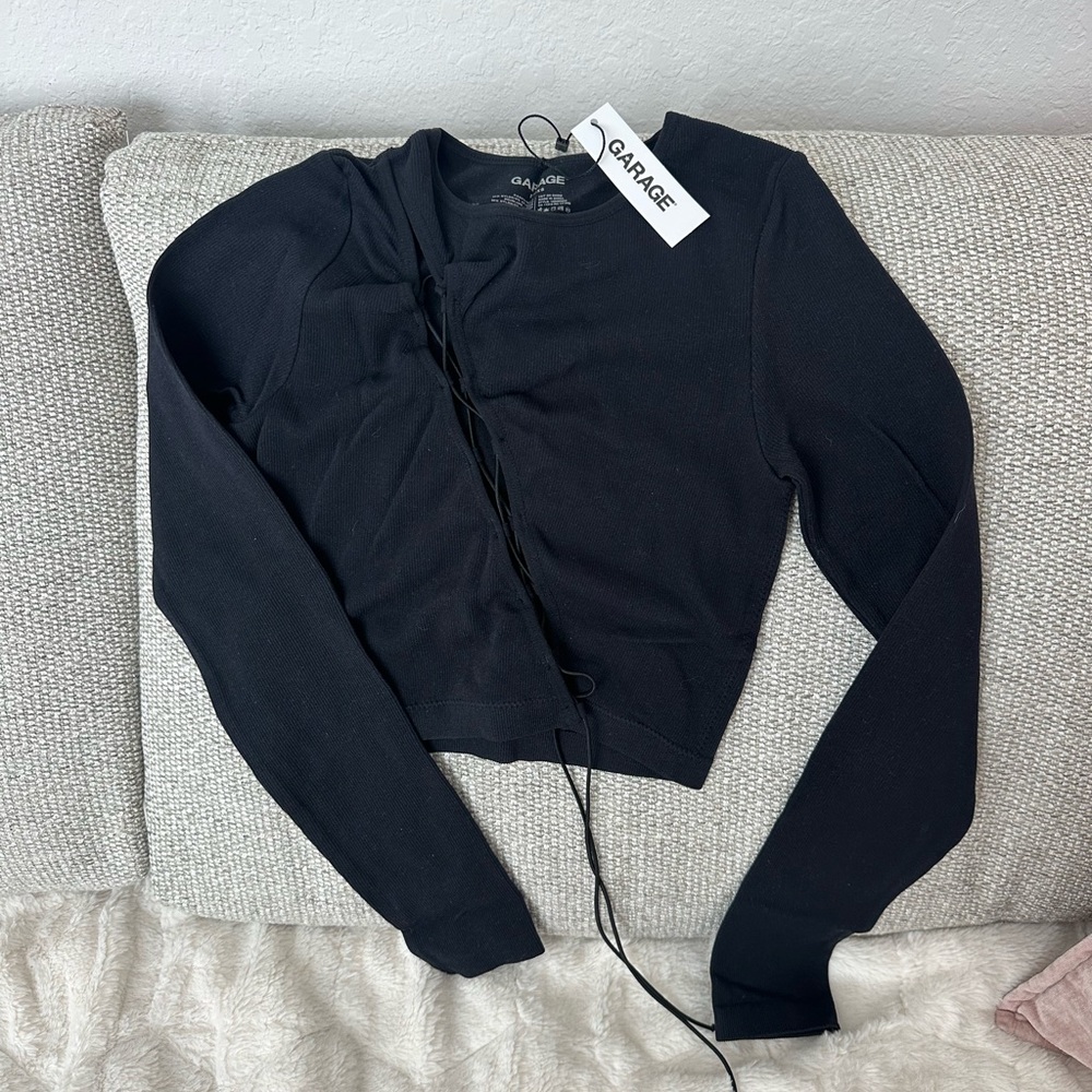 Garage Black Long Sleeve Lace-Up Crop Top